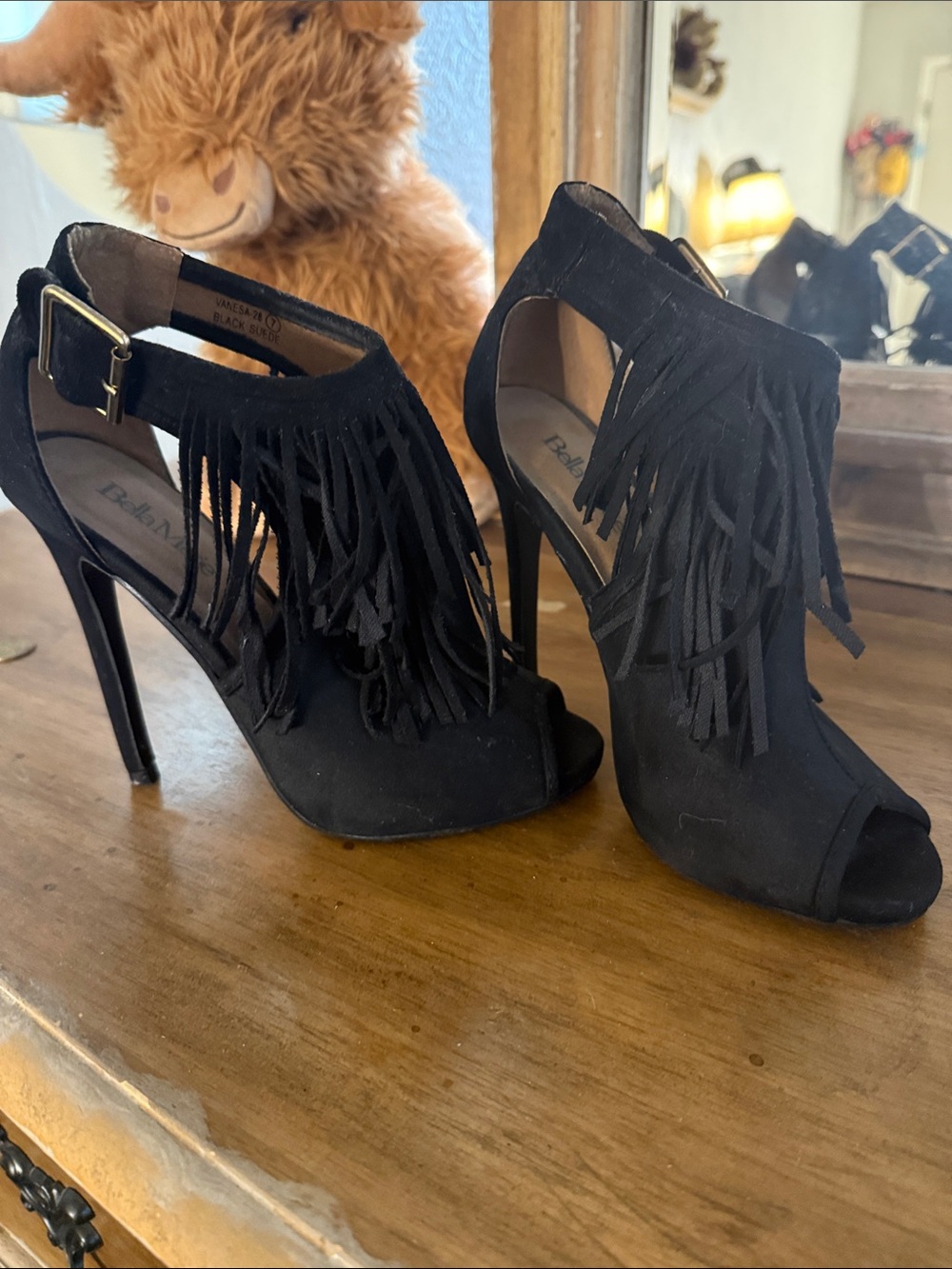 Bakers Black Fringe Open-Toe Stiletto Sandals